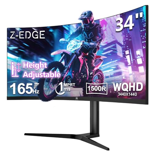 Z-Edge 34 tum böjd gamer PC-skärm, UWQHD (3440 x 1440), 165 Hz, 1ms, 21:9 Ultrawide Monitor med DP-kabel, AMD FreeSync, justerbar höjd, 1500R, 300cd/m², 2 x HDMI2.0och 2 x DP1.4, RGB, VESA 100 * 100