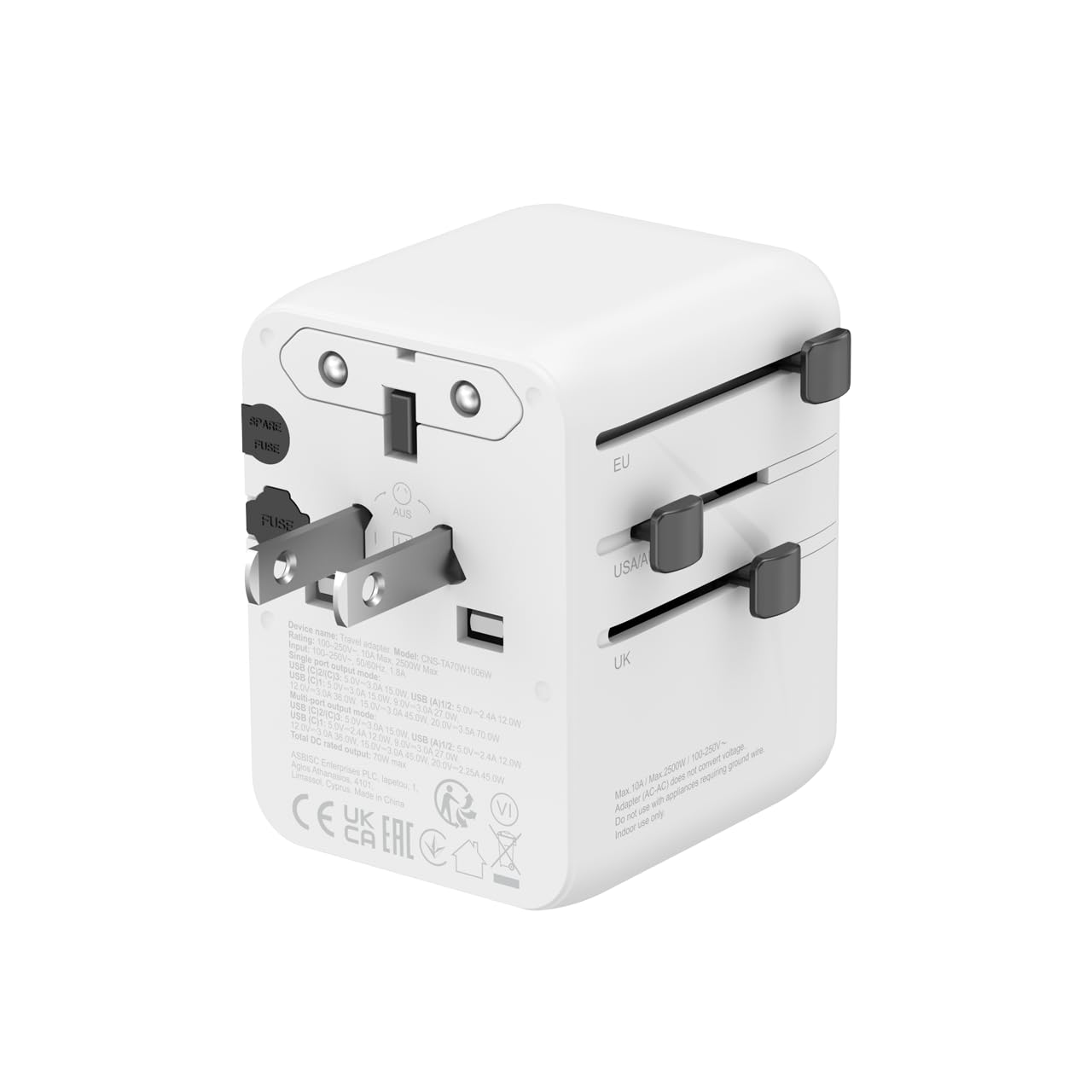 CANYON OnTour 70 uniwersalny adapter podróżny, 70 W GaN ładowarka do szybkiego ładowania, 3 porty USB-C i 2 porty USB-A, adapter wtyczki EU UK US Off do ponad 200 krajów, biały