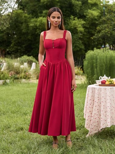 Image of KUTUMAI Women Summer Corset Midi Floral Wedding Guest Dresses with Pockets | Lace Neck, Smocked Back, Flowy A Line Sundress for 2026 Engagement Photoshoot Bridal Shower Garden Party