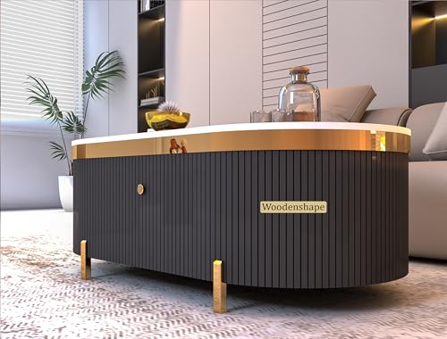 Image of Premium Marble-Top Center Table with One Storage Door and PVD Coated lron Legs and Coffee Table with Oval Design for Living Room and Entryway [ Modern coffee table ] ,42x24x18 Inch, (Black)