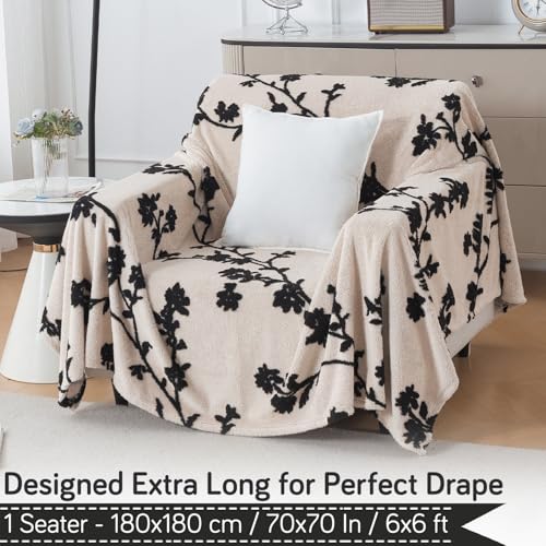 Image of HOKIPO Luxury Plush Sofa Cover Throw for 1 Seater Sofa | Soft Sofa Throw for Complete Sofa Protection, 'Noirea Series' Botanical Vine (180x180 cm) (AR-6651-D5)