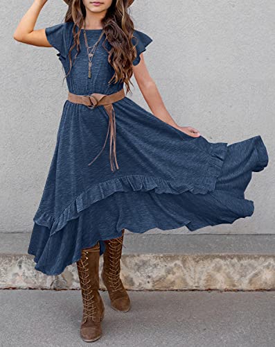 MITILLY Girls Loose Plain 3/4 Sleeve Casual Pocket Ruffle Swing Long Maxi Dress with Belt2