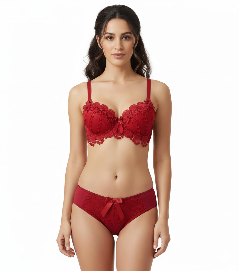 Unique Butterfly Women's Red Lace Push-Up Bra and Panty Set, Heart Detail, Ruffled Lingerie-image-26