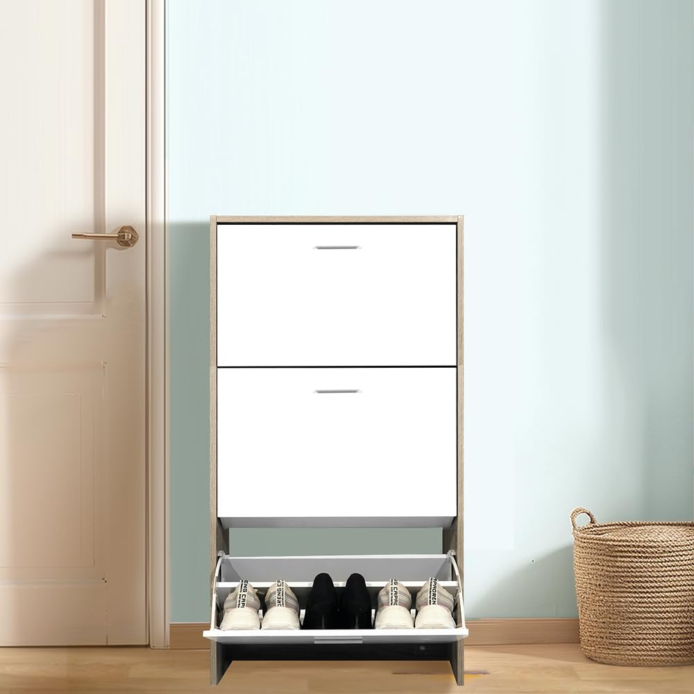 CASABEL, Mueble Zapatero de 18 Pares, Estantería de Gran Capacidad para vestíbulo o Pasillo, (Ancho) 60 x (Profundidad) 24 x (Alto) 113 cm, Madera Clara Blanca