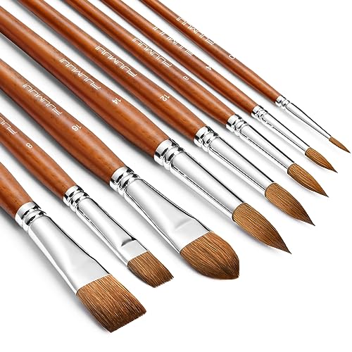 Sable Watercolor Brushes Professional, Fuumuui 8Pcs Sable Brush Set Variety Shapes with Flat, Round Pointed, Liner, Cat's Tongue Oval Wash Perfect for Watercolor Acrylic Gouache Inks Paintin