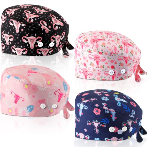 Image of Unittype 4 Pcs Nurse Caps for Women Nursing Working Caps with Button and Sweatband Adjustable Elastic Scrub Hats for Dentist