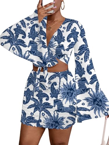 Image of LYANER Women 2 Piece Vacation Outfits Tie Knot Front Bell Long Sleeve Crop Top and Mini Skirt Summer Set