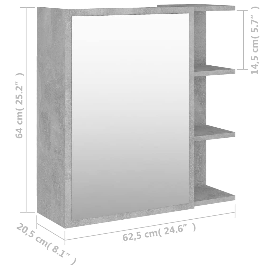 vidaXL Armario Espejo de Baño Inodoro Aseo Muebles Mobiliario Almacenamiento Estante Decoración Adorno Contrachapada Gris Hormigón 62,5x20,5x64 cm