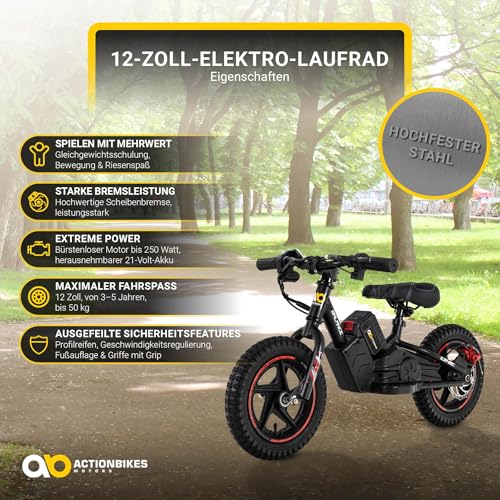 Actionbikes Motors Kinder Balance Bike Elektrofahrrad | 12 Zoll Fahrrad - 250 Watt - Elektro Laufrad mit Scheibenbremsen - 21 V 5.4 Ah - Kinder Elektrofahrzeug - Spielzeug ab 3 Jahren – Bild 3