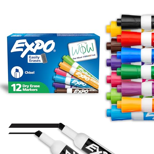 EXPO Dry Erase Markers, Low Odor Ink, Assorted Colors, Chisel Tip, 12 Count