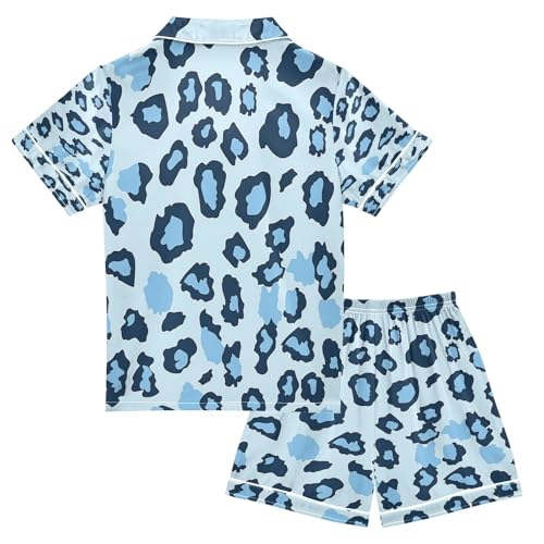 Satin Pajama Sets Short Sleeve Leopard Prints Light Blue Button Down Silky Nightwear 2 Piece PJS 5-14Y2
