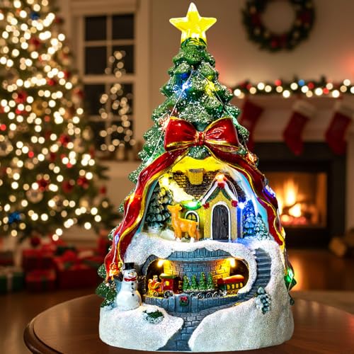 ZQQLITE Animated Collection Figurines Musical Christmas Tree Spinning Train Deer Snowman with...