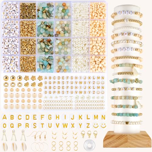 EUES Natürliche Amazonit Perlen Perlen für Armbänder, Edelstein Perlen Kit, Naturstein Perlen Set mit Holzperlen, Boho Armbänder Selber Machen für DIY Perlen Bracelet Making Kit, Partys, Weihnachten