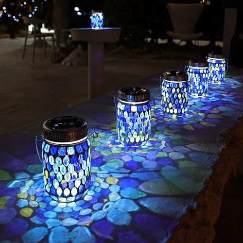 Cooo 3 Pack Mosaic Lanterns Outdoor Waterproof with 215% Larger Solar Panel, Never Rust Lids, True Capacity Battery- Solar Mason Mosaics Jar Lantern for Patio Garden Yard Balcony Hanging or Table