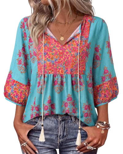 Image of Vivilli Womens Summer Boho Babydoll Tops 3 /4 Sleeve Pleated Peplum Blouses Casual V Neck Tie Front 2026 Tunic Tops