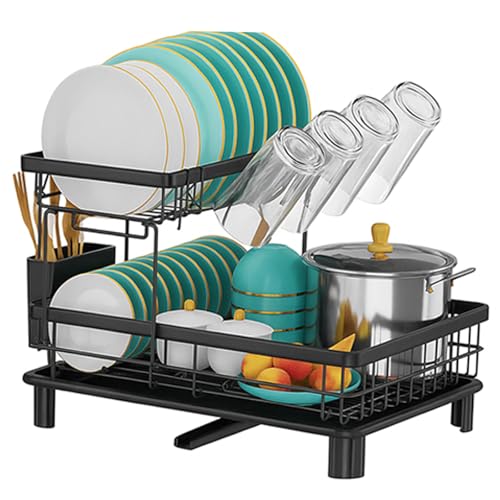 2-Tier Draining Board Rack Space Saving Dish drainer rack with drip tray Swivel, Wooden Handle Dish drying rack for Kitchen Sink drainer rack Plates Cups Cutlery Utensil Holder Easy Assemble (Black)