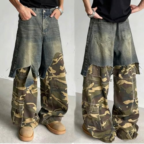 Jeans homme style japonais en denim délavé ample patchwork tendance