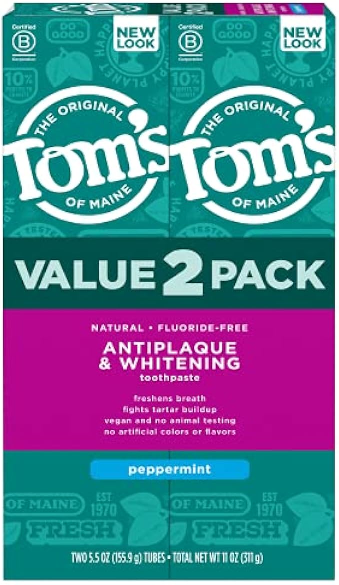 Tom's of Maine Fluoride-Free Antiplaque & Whitening Natural Toothpaste, Peppermint, 5.5 oz. 2-Pack (Packaging May Vary)