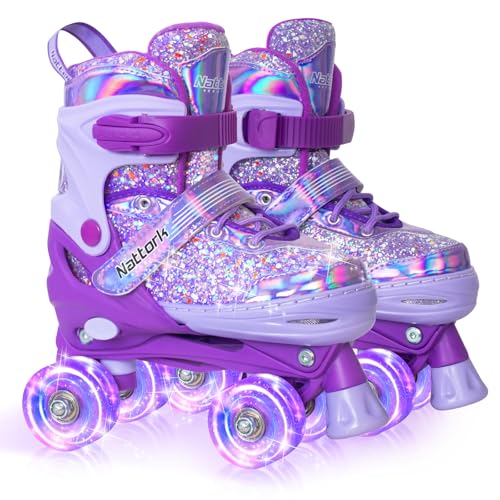 Nattork Kids Roller Skates for Girls Kids, 4 Sizes Adjustable Fluorescent Quad Skates with Light up Wheels - Cool Birthday Gift for Indoor Outdoor Sports by Nattork - Used condition - CA$52.19