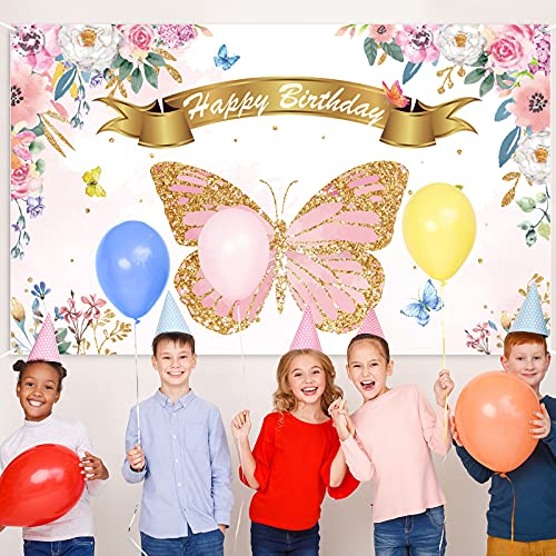 Chiazllta JM0172 Butterfly Birthday Party Backdrop Decorations Butterfly Spring Theme Party Background Banner Signs Favor Supplies thumb #4