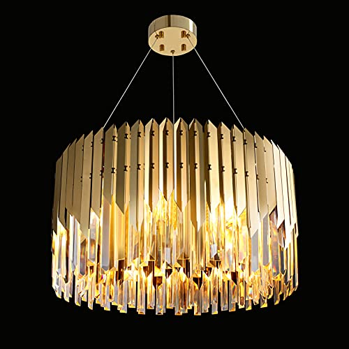 IKK Modern Gold Crystals Chandeliers, 24  Large Stainless Steel Chandelier Light Fixture, Luxury Pendant Lighting, Drum Shape Ceiling Lamp for Dining Living Room Foyer Bedroom, 8 x E12