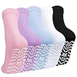 CaiDieNu Non Slip Grip Socks for Women: Non Skid Crew Socks with Grippers for Elderly Hospital Pilates Yoga Sticky Slipper 5 Pairs, Multicolor, 9-11