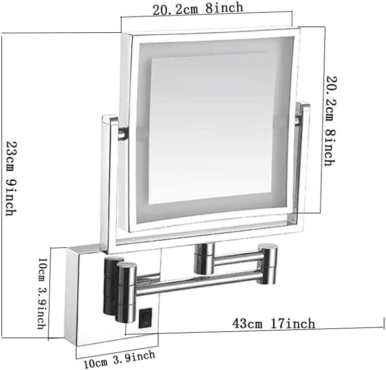 Wall Mounted Makeup Mirror with Lights and 3X Magnification, 8 in Double Sided Squares Vanity Mirror with Extendable Arm Bathroom Shaving Mirror for Bathroom Hotel,Silver_Plug