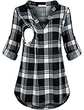 Joymom Pregnancy Blouses,Postpartum Nursing Tops Gravida Roll Up Long Sleeve V Neck Layered Breastfeeding Clothes Maternity Feeding Tunics T-Shirts Black White Plaid XL