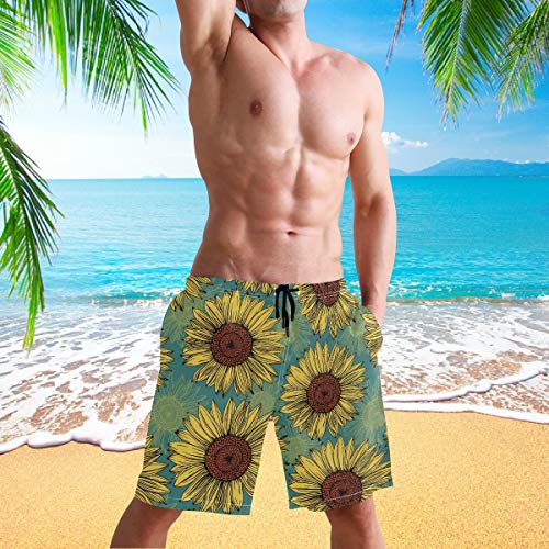 visesunny Men's Beach Short Swim Trunks Retro Sunflower Blue Pattern Sports Running Bathing Suits4