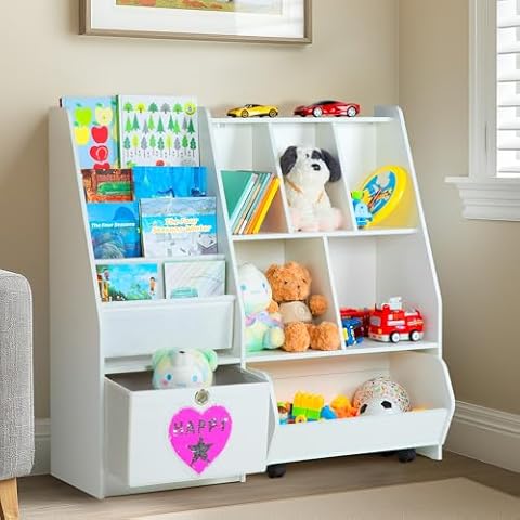 KOLIGEY Kids Bookshelf and Toy Organizer, 5-Cubby Toy Storage Cabinet with 4 Tier Wooden Bookcase, 1 Removable Toy Cabinet with Wheels for Bedroom, Living Room, Playroom, Nursery, Classroom Cover