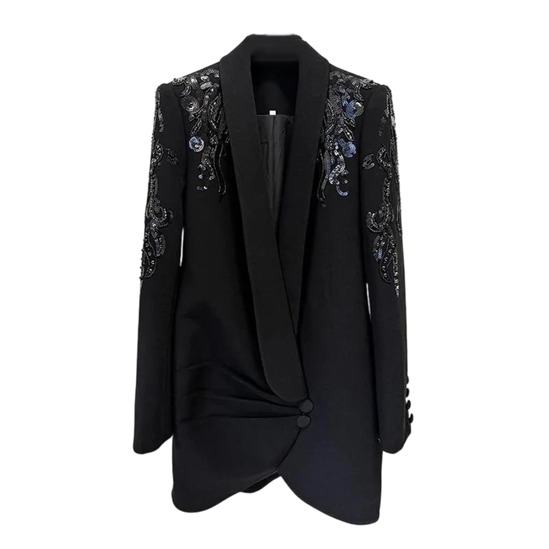 Women Sequins High Street Blazer Shawl Collar Single Breasted Bead Rhinestones Blazer Jackets