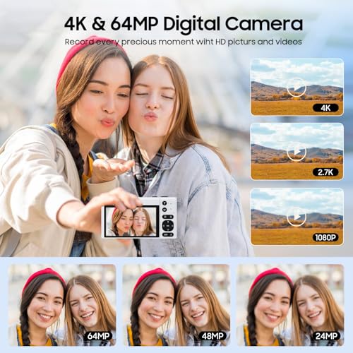 Image of 4K Digital Camera, 64MP Vlogging Camera for Photography with 3 inch 180 Flip Screen, 16X Digital Zoom Point and Shoot Camara with 64GB Micro SD Card for Beginner (White)