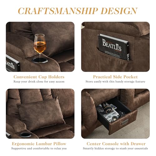 Image of Loveseat Recliner Sofa with Flip-up Console,RV Wall Hugger Recliners for Small Spaces,Reclining Loveseat Sofa Recliner with Cup Holders /Lumbar Pillows,RV Furniture (Brown, 68 inch 2-Seater)