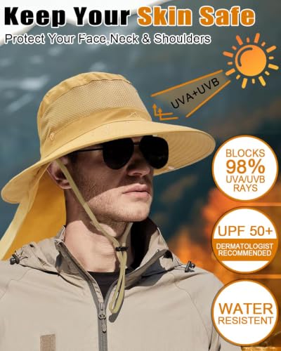 Image of Outdoor Sun Hats with Stowable Neck Flap for Men Women UPF 50+ Mesh Summer Bucket Hat Wide Brim for Fishing Safari Hiking