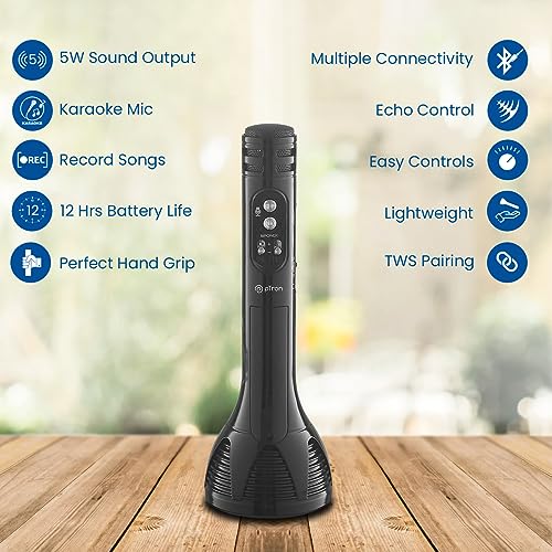 Image of pTron Fusion Sing 5W Wireless Speaker with Karaoke Mic, 12Hrs Playtime, Record Songs, Lightweight Handheld Design, Bluetooth v5.0, Aux Play /mSD Play /USB Play & Media Controls (Midnight)