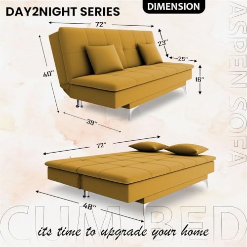 Image of Adorn India Premium New Aspen 3 Seater Sofa Cum Bed 4X6 Velvet Suede with 2 Cushions (Color Yellow) and Suitable for All Indoor, with 3 Years Warranty