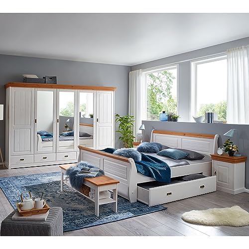 Lomadox Schlafzimmer komplett Set Doppelbett Bettschubkasten Nachkommode Kleiderschrank Bettbank SAVONA-69 in Kiefer massiv weiß mit Honig
