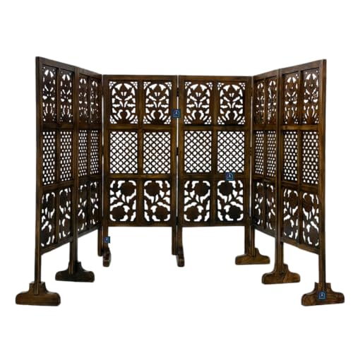 Image of Wooden Room Partition Screen with Burnt Wood Finish | Hand Buffed Traditional Handicraft Room Divider | Indoor Room Separator | Puja Room Divider (6 Panel 4 Feet with Stands)