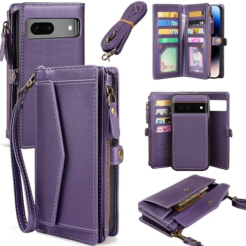 DKDKSIP for Google Pixel 8a Wallet Case for Women, Pixel 8a Case with RFID Blocking Card Holder, Leather Zipper Wallet Detachable Magnetic Phone Case with Crossbody Strap, Purple