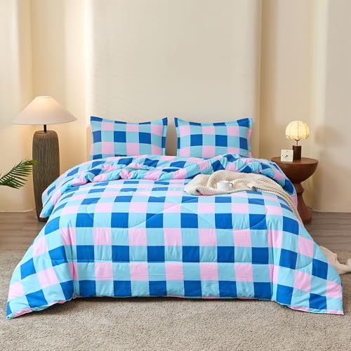 Image of Caressma Checkered Comforter Set Full Size, Blue and Pink Plaid Comforter Bedding Set, Grid Gingham Fluffy Comforter Home Decor