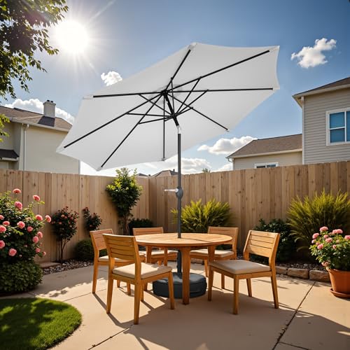 Image of Greesum Outdoor Patio Umbrella with Base, Table Umbrella with 8 Sturdy Ribs, Push Button Tilt and Crank, Market Table Parasol for Garden, Lawn, Backyard & Pool, White