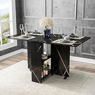 DINAZA Folding Dining Table Drop Leaf Table for Small Spaces with 2 Tier Storage Racks Multifunctional Space Saving Table Extension Dinner Table for Kitchen Bedroom, Living Room -Black marbling
