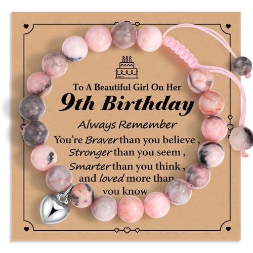 Adjustable Pink Natural Stone Heart Bracelet Birthday Gifts for age: 5-9 Year Old Daughter Daughter Big Sister Teen Girls Granddaughter Niece Girl,Christmas Gifts for Daughter Granddaughter Niece-59