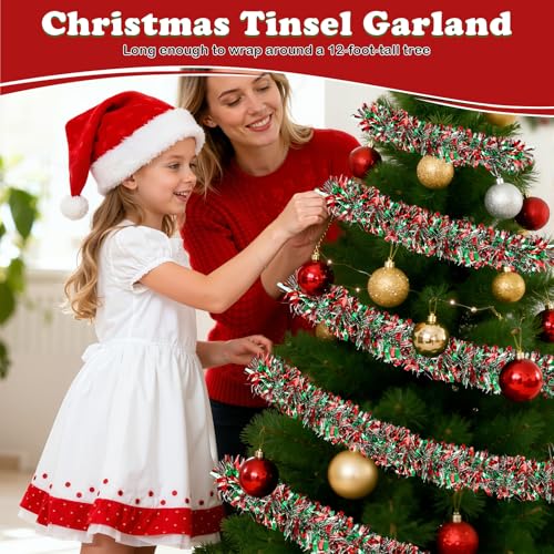 Image of 50FT Christmas Tinsel Garland, Red Green&Silver Metallic Twist Shiny Hanging Garland Ornaments for Christmas Tree, Party Supplies Thick Metallic Xmas Streamers