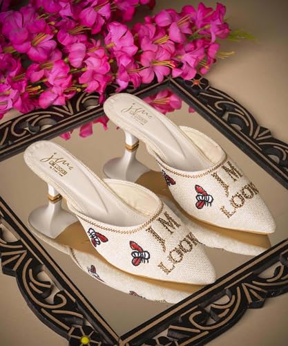 Image of JM LOOKS Pointed Toe Kitten Heel Mules Featuring Exquisite Bee Embroidery and Shimmering Textured Fabric Finish