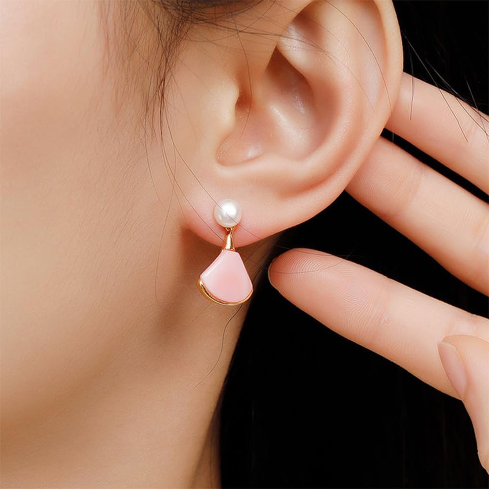 S925 Silver Gold-Plated Natural Pink Peach Blossom Jade Scalloped Earrings for Women Yoga Genuine