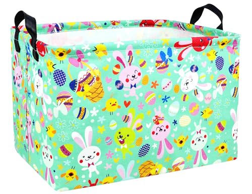 Image of Large Rectangular Easter Baskets Empty Waterproof Boy Toy Box Foldable Kid's Gifts Storage Bin Spring Room Decor(Green Dancing Rabbit)