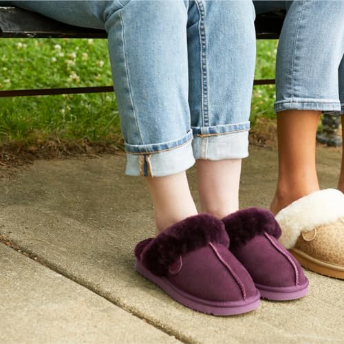 Image of Dearfoams Women's Fireside Sydney Shearling Fur Indoor /Outdoor Scuff Slipper with Wide Widths, Aubergine, 11