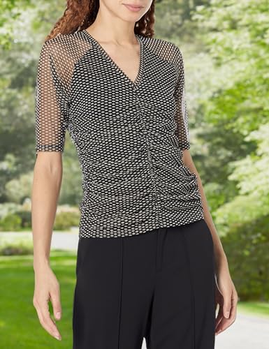 Image of DKNY Women's Short Sleeve V-Neck Mesh Ruched Knit Top