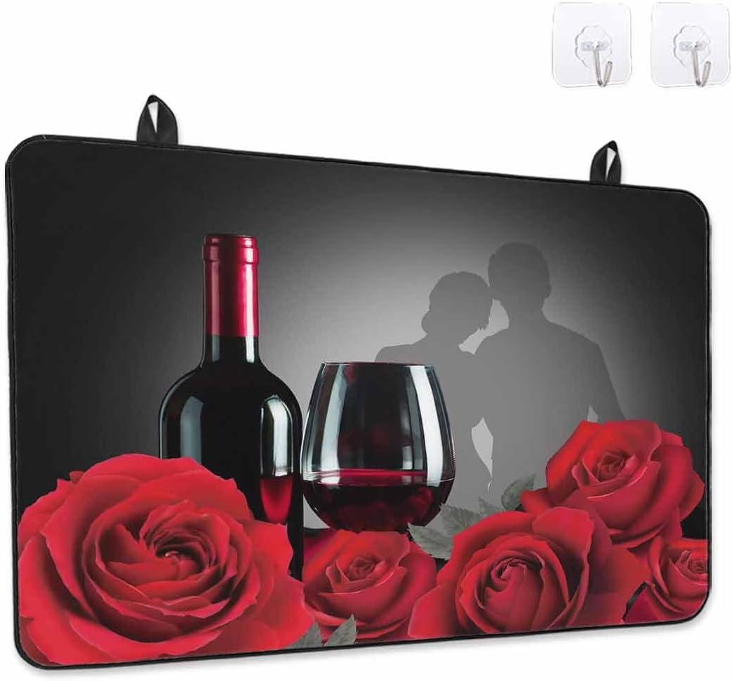 Valentine Stove Top Cover Red Rose Stove Cover for Electric Stove Top Red Wine Romantic Couple Glass Cooktop Covers Anti-Slip Mat Heat Resistant Countertop Protector Romantic Kitchen Decor 28.5"x20.5"
